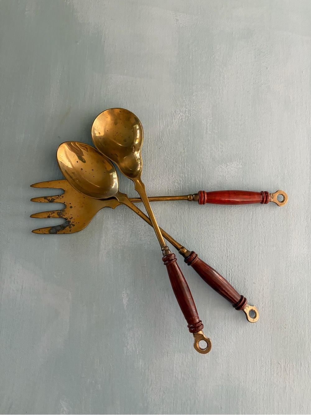 Brass Salad Servers with Red Wood Handles - Set of 3